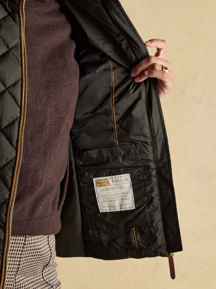 Joules Braemar Luxe Khaki Green Showerproof Diamond Quilted Gilet - Image 11 of 11