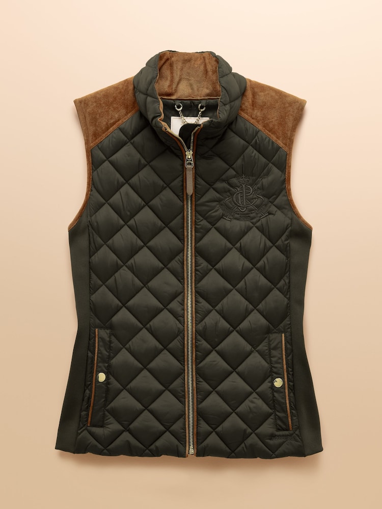 Joules Braemar Luxe Khaki Green Showerproof Diamond Quilted Gilet - Image 13 of 13