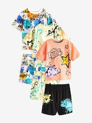 Multi Fluro Dinosaur Graffiti Short Sleeve 3 Pack Pyjama Set (9mths-12yrs) - Image 1 of 4