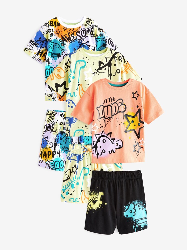 Multi Fluro Dinosaur Graffiti Short Sleeve 3 Pack Pyjama Set (9mths-12yrs) - Image 1 of 4