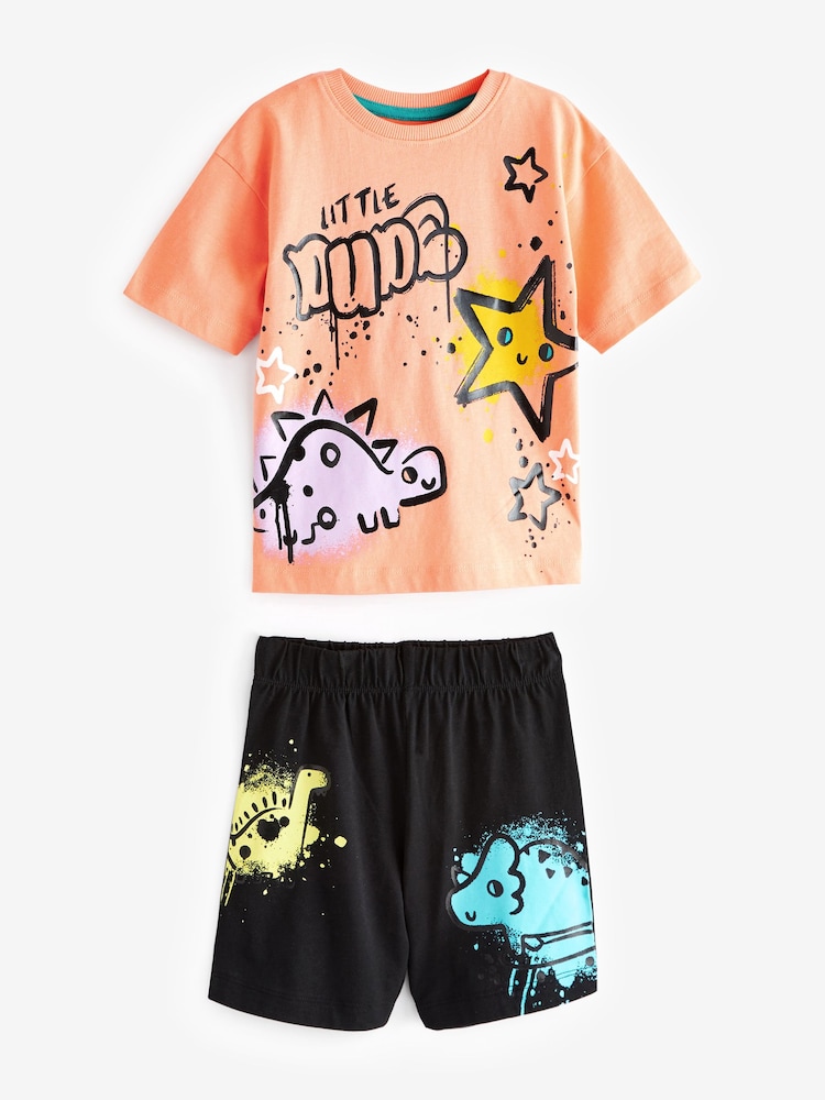 Multi Fluro Dinosaur Graffiti Short Sleeve 3 Pack Pyjama Set (9mths-12yrs) - Image 3 of 4