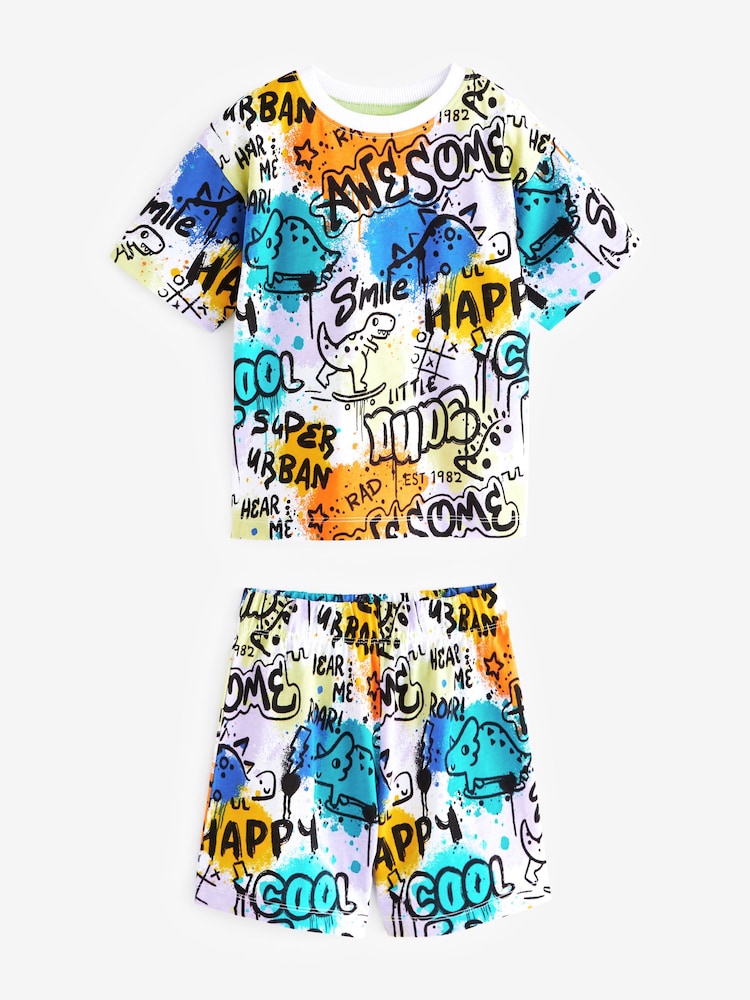 Multi Fluro Dinosaur Graffiti Short Sleeve 3 Pack Pyjama Set (9mths-12yrs) - Image 4 of 4