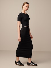 Black Ribbed Midi Skirt - Image 1 of 6