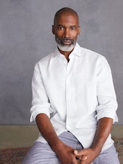 White/Light Blue Stripe Regular Fit Signature 100% Linen Shirt With Cutaway Collar - Image 1 of 9