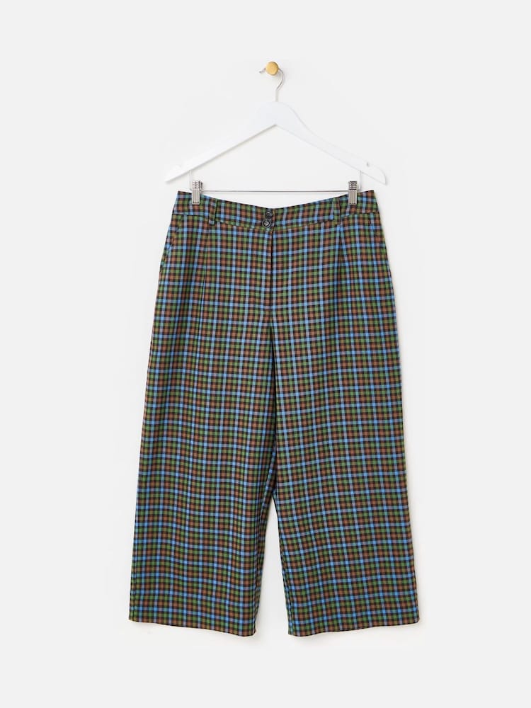 Oliver Bonas Green/Blue Checked Cropped Wide Leg Trousers - Image 1 of 5 Oliver Bonas Green/Blue Checked Cropped Wide Leg Trousers - Image 1 of 5