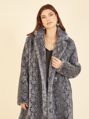 Yumi Grey Snakeskin Print Faux Fur Coat - Image 1 of 5