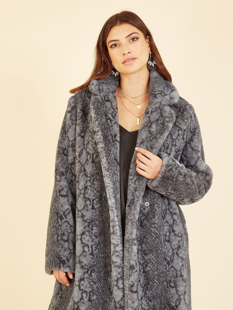 Yumi Grey Snakeskin Print Faux Fur Coat - Image 1 of 5