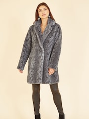 Yumi Grey Snakeskin Print Faux Fur Coat - Image 3 of 5
