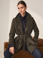 Khaki Green Real Suede Trench Coat - Image 1 of 10