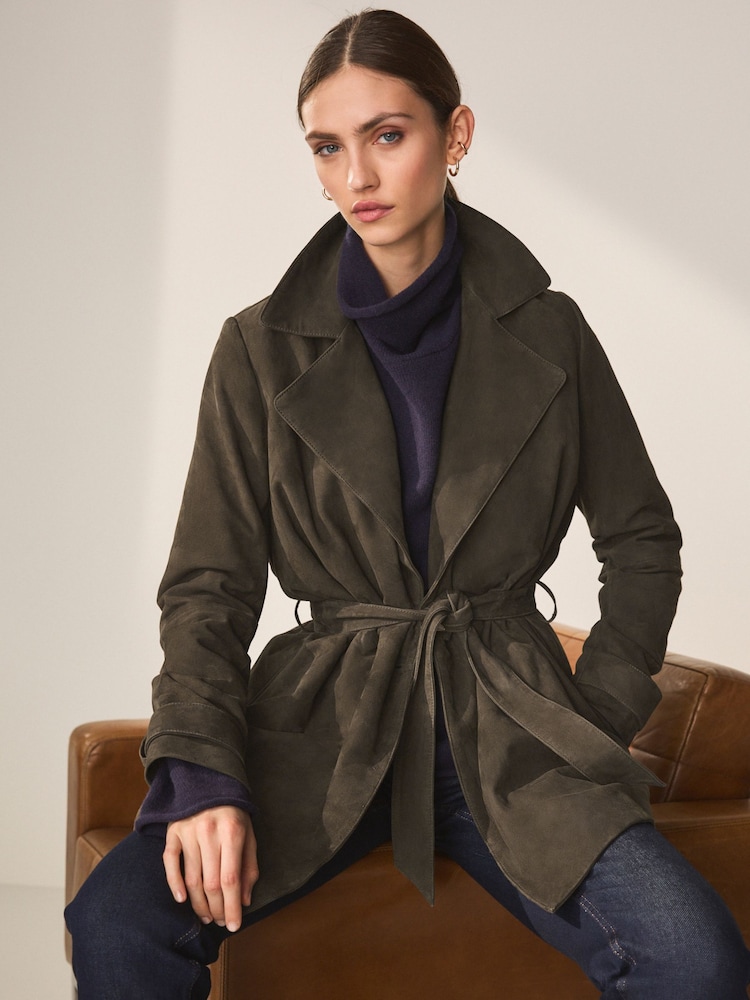 Khaki Green Real Suede Trench Coat - Image 1 of 10