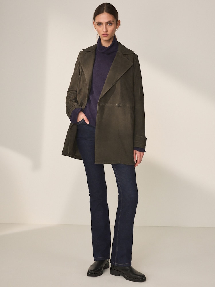 Khaki Green Real Suede Trench Coat - Image 2 of 10