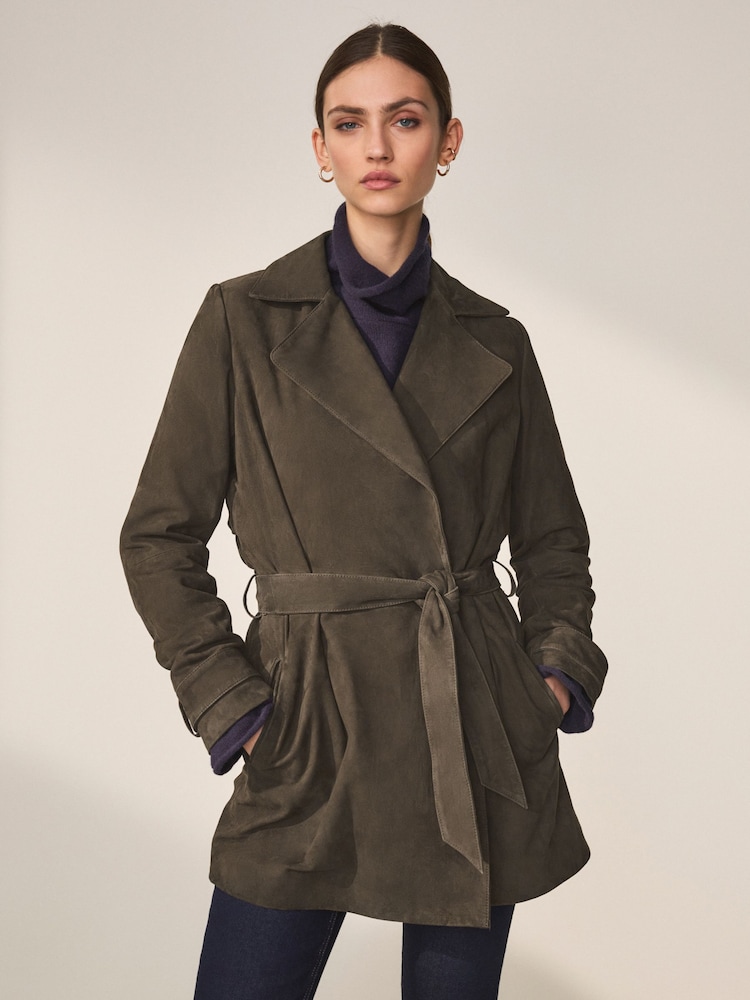 Khaki Green Real Suede Trench Coat - Image 3 of 10
