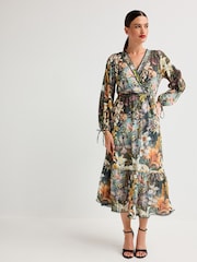 Green/Multicoloured Floral Wrap Neck Midi Dress - Image 1 of 10