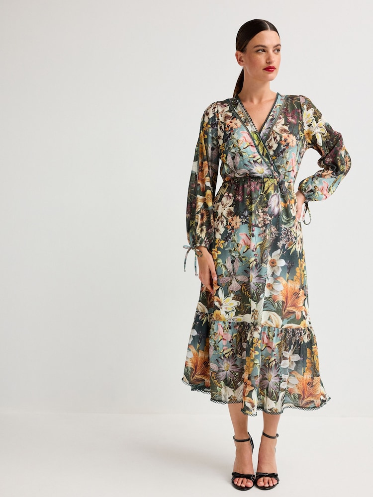 Green/Multicoloured Floral Wrap Neck Midi Dress - Image 1 of 10
