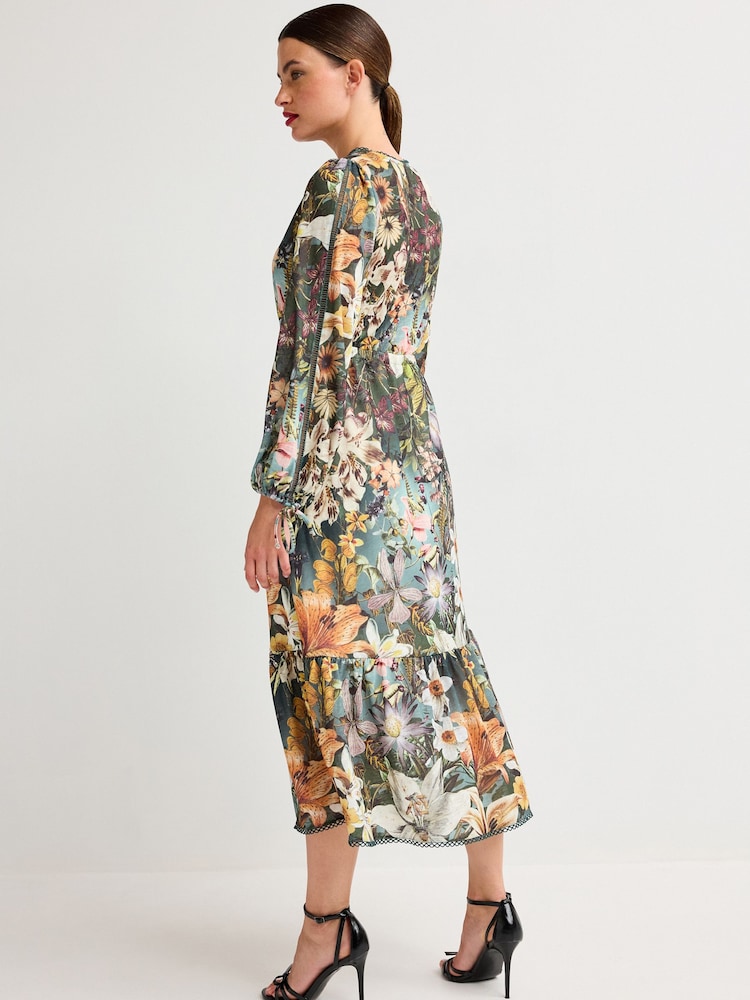Green/Multicoloured Floral Wrap Neck Midi Dress - Image 2 of 10