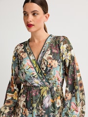 Green/Multicoloured Floral Wrap Neck Midi Dress - Image 3 of 10
