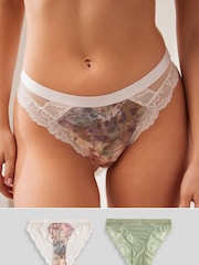 Aquarelle rose à fleurs imprimé/vert sauge - Lot de 2 culottes bordées de dentelle - Image 1 of 8