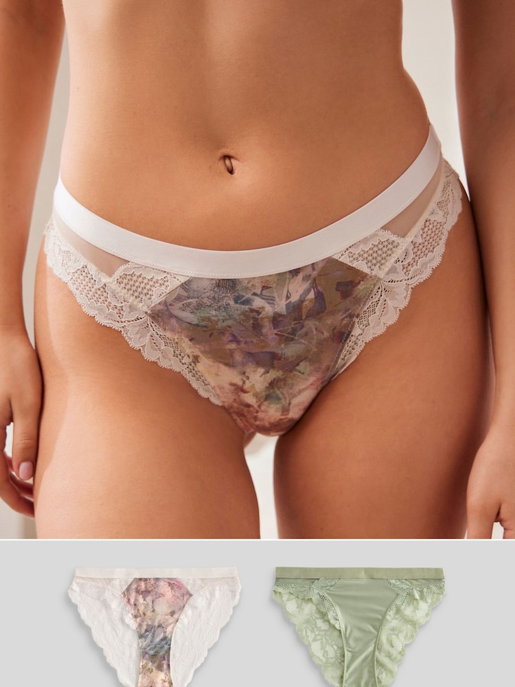Aquarelle rose à fleurs imprimé/vert sauge - Lot de 2 culottes bordées de dentelle - Image 1 of 8