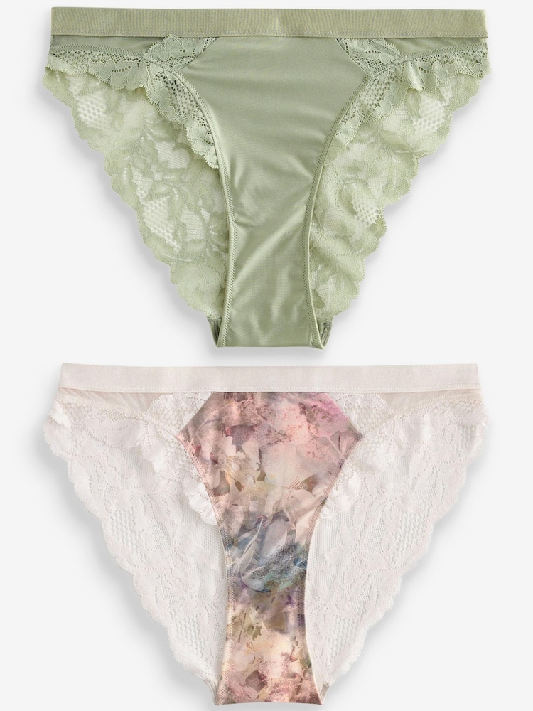 Aquarelle rose à fleurs imprimé/vert sauge - Lot de 2 culottes bordées de dentelle - Image 6 of 8