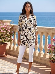 Roman White Floral Buttoned V-Neck Top - Image 1 of 4