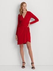Lauren Ralph Lauren Red Ruched Stretch Jersey Surplice Dress - Image 1 of 8