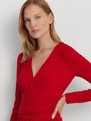 Lauren Ralph Lauren Red Ruched Stretch Jersey Surplice Dress - Image 6 of 8