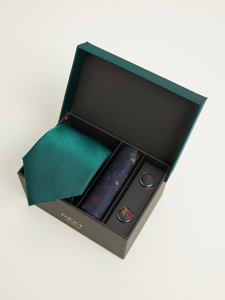 Forest Green Tie, Pocket Square and Cufflinks Gift Box Set - Image 1 of 4