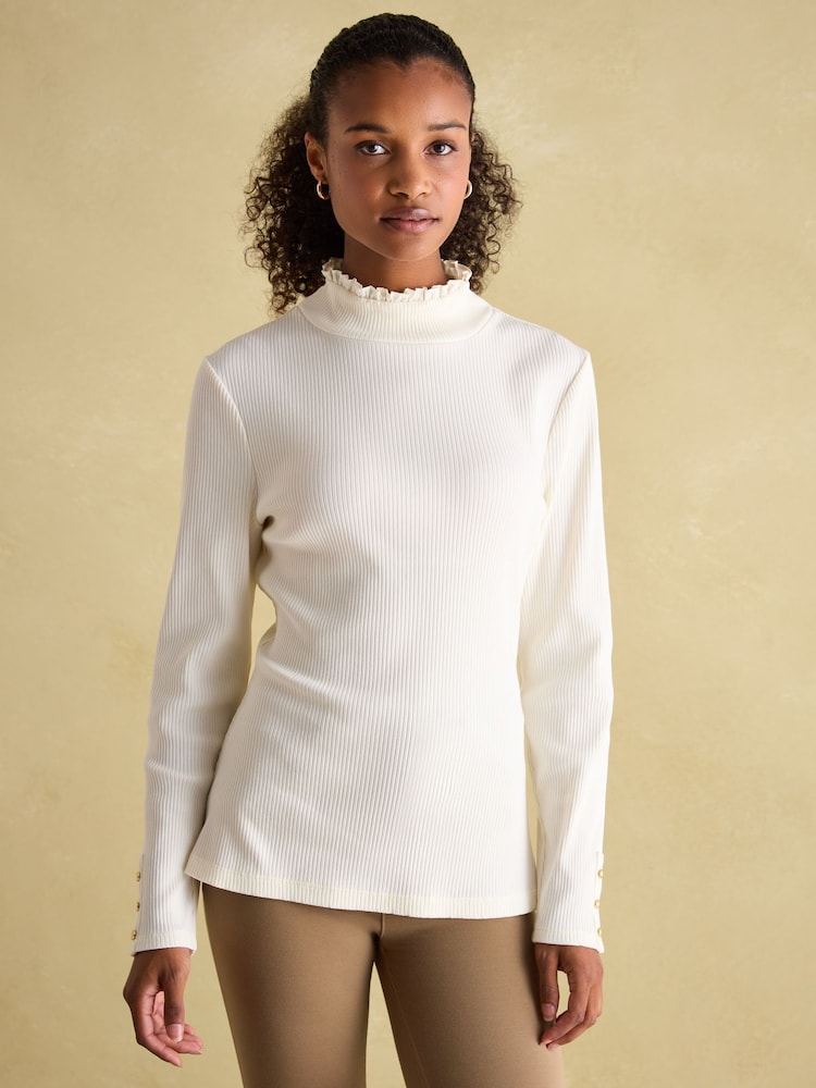 Joules Amy Cream Ribbed Long Sleeve High Neck Jersey Top - Image 1 of 7