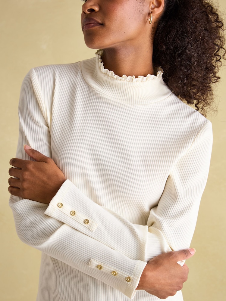Joules Amy Cream Ribbed Long Sleeve High Neck Jersey Top - Image 2 of 7