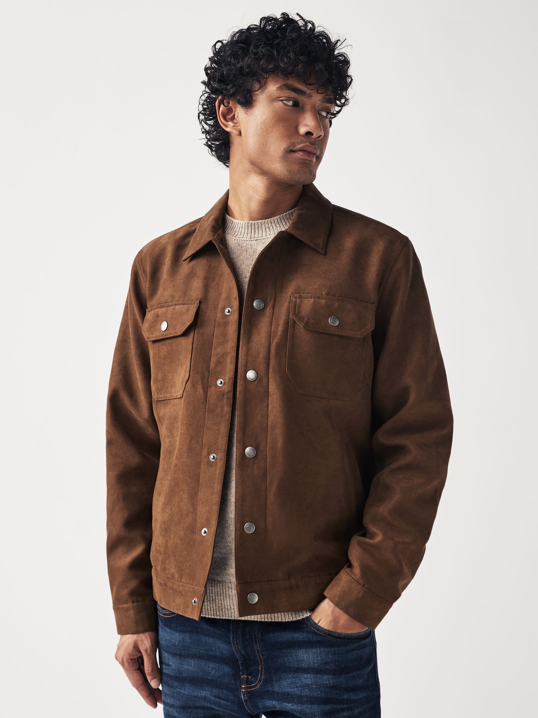 Buy Brown Faux Suede Collared Trucker Jacket from Next Luxembourg