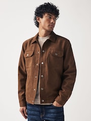 Brown Faux Suede Collared Trucker Jacket - Image 1 of 11