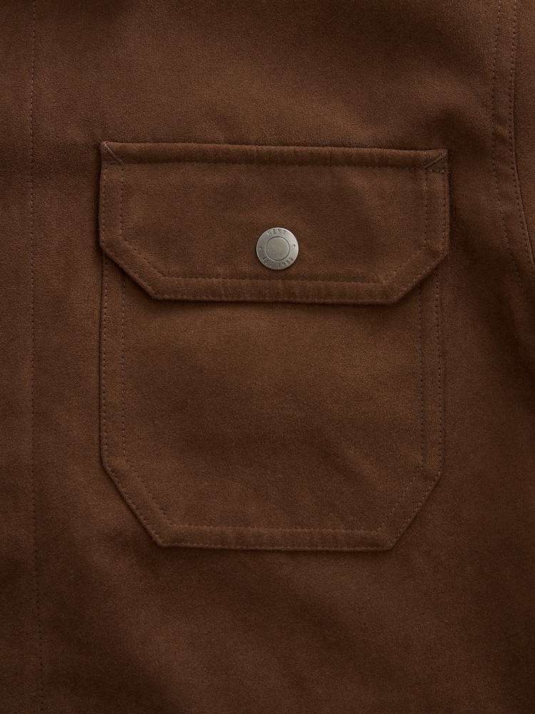 Brown Faux Suede Collared Trucker Jacket - Image 11 of 11