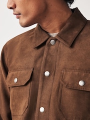Brown Faux Suede Collared Trucker Jacket - Image 5 of 11