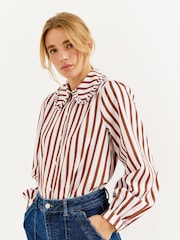 Oliver Bonas Mocha Brown & White Striped Frill Collar Cotton Shirt - Image 1 of 8