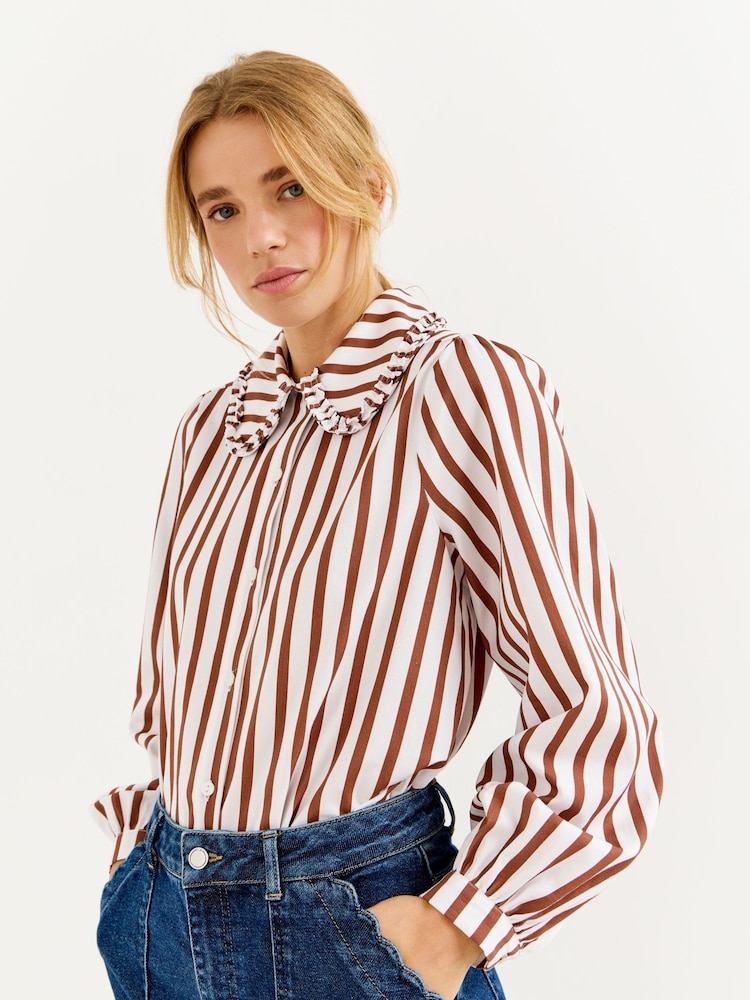 Oliver Bonas Mocha Brown & White Striped Frill Collar Cotton Shirt - Image 1 of 8 Oliver Bonas Mocha Brown & White Striped Frill Collar Cotton Shirt - Image 1 of 8
