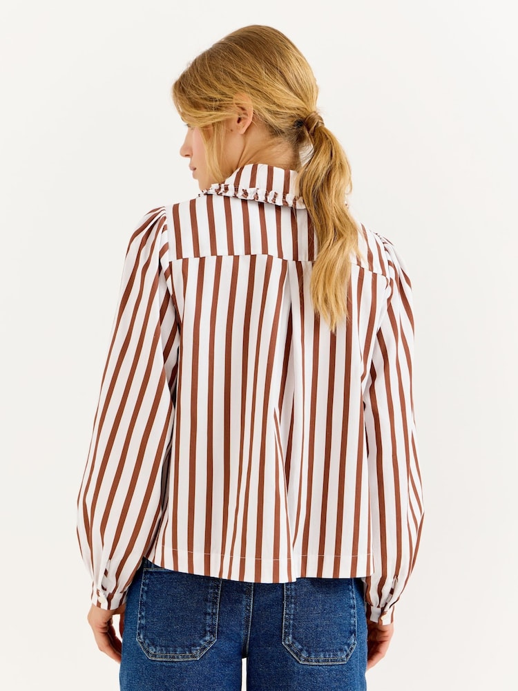 Oliver Bonas Mocha Brown & White Striped Frill Collar Cotton Shirt - Image 2 of 8 Oliver Bonas Mocha Brown & White Striped Frill Collar Cotton Shirt - Image 2 of 8
