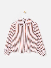 Oliver Bonas Mocha Brown & White Striped Frill Collar Cotton Shirt - Image 3 of 8