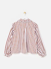 Oliver Bonas Mocha Brown & White Striped Frill Collar Cotton Shirt - Image 4 of 8