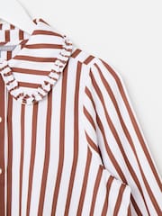 Oliver Bonas Mocha Brown & White Striped Frill Collar Cotton Shirt - Image 6 of 8