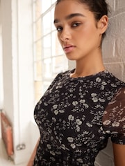 Black Ditsy Mesh Corset Detail Mini Dress - Image 4 of 6