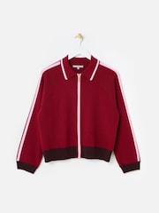 Oliver Bonas Pink & Burgundy Red Striped Collared Knitted Bomber Jacket - Image 1 of 6