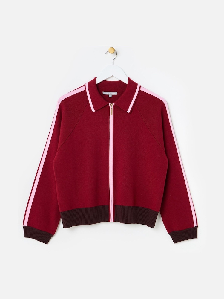 Oliver Bonas Pink & Burgundy Red Striped Collared Knitted Bomber Jacket - Image 1 of 6 Oliver Bonas Pink & Burgundy Red Striped Collared Knitted Bomber Jacket - Image 1 of 6