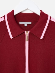 Oliver Bonas Pink & Burgundy Red Striped Collared Knitted Bomber Jacket - Image 3 of 6