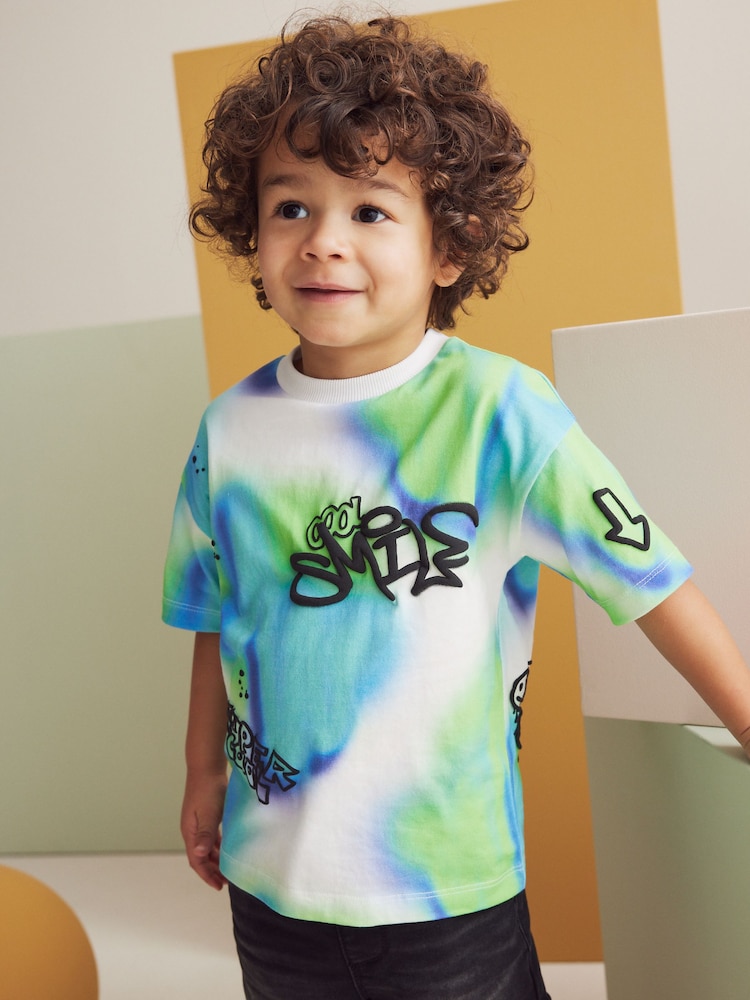 Blue/Green 100% Cotton Short Sleeve Graffic T-Shirt (3mths-7yrs) - Image 1 of 1 Blue/Green 100% Cotton Short Sleeve Graffic T-Shirt (3mths-7yrs) - Image 1 of 1