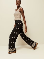 Black Embroidered Wide Leg Trousers With Linen - Image 3 of 7