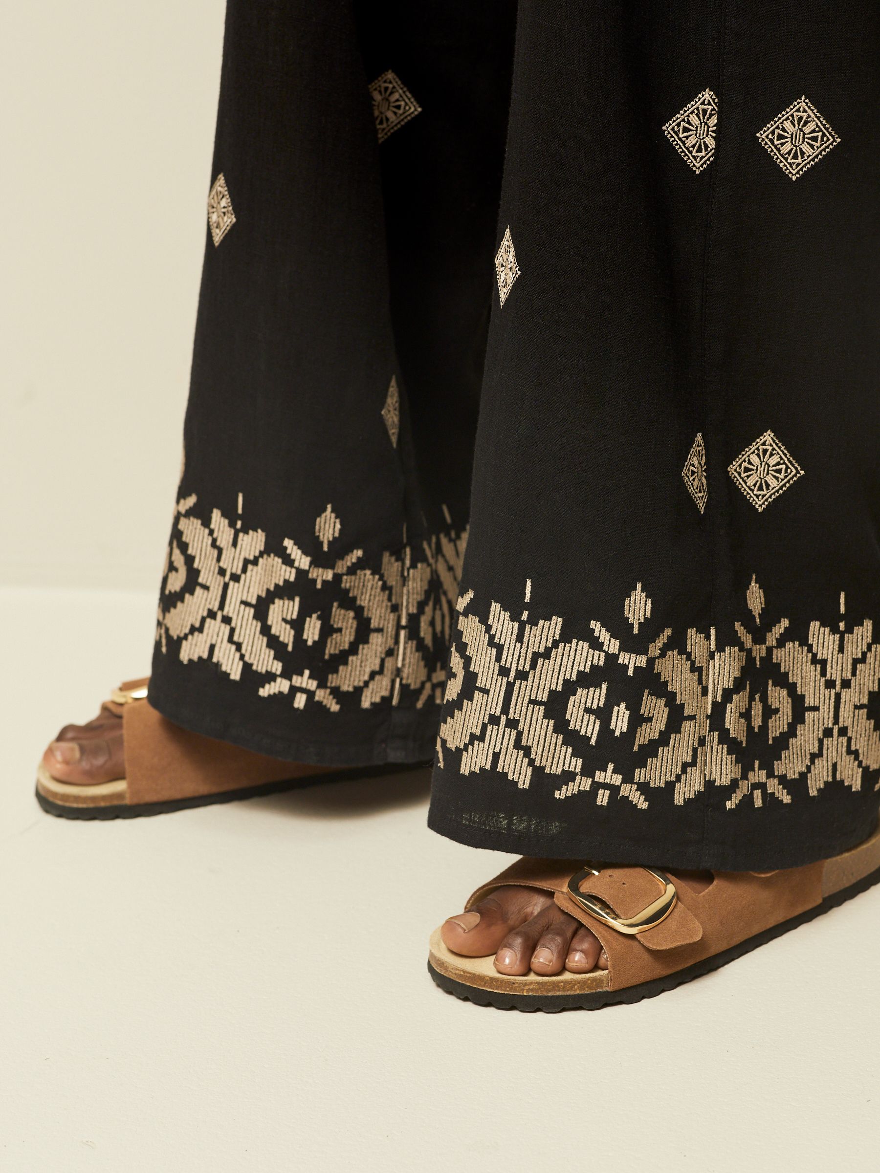 Buy Black Embroidered Wide Leg Trousers With Linen from Next Luxembourg
