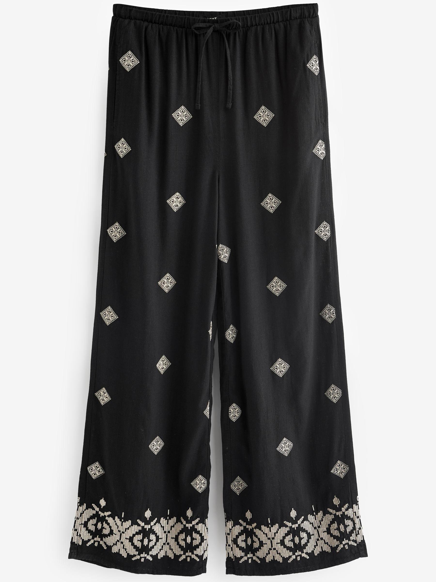 Buy Black Embroidered Wide Leg Trousers With Linen from Next Luxembourg