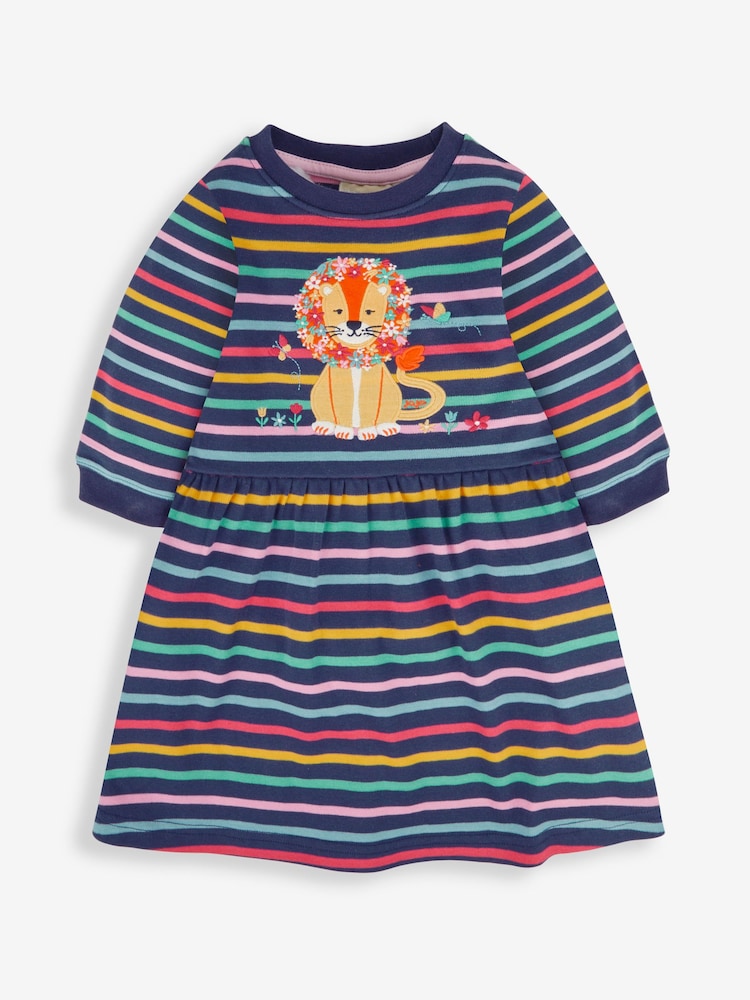 JoJo Maman Bébé Navy Lion Appliqué Stripe Dress - Image 1 of 2