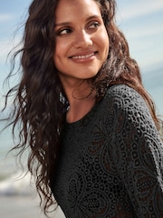 Black Slash Neck Crochet Beach Cover-Up - Image 3 of 3