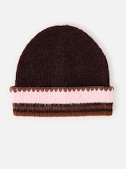 Oliver Bonas Chocolate Brown & Pink Striped Knitted Beanie Hat - Image 1 of 4